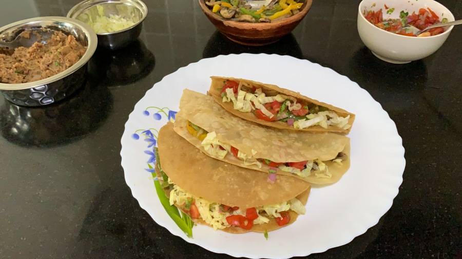 Homemade Tacos with Refried Beans, Stir Fried Veggies and Pico de Gallo